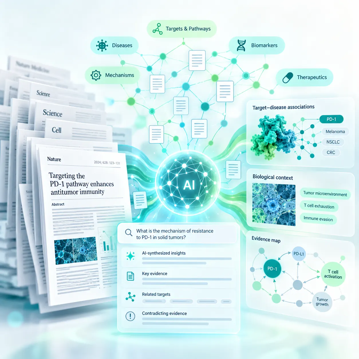 Conceptual illustration of scientific literature, AI search, and evidence mapping