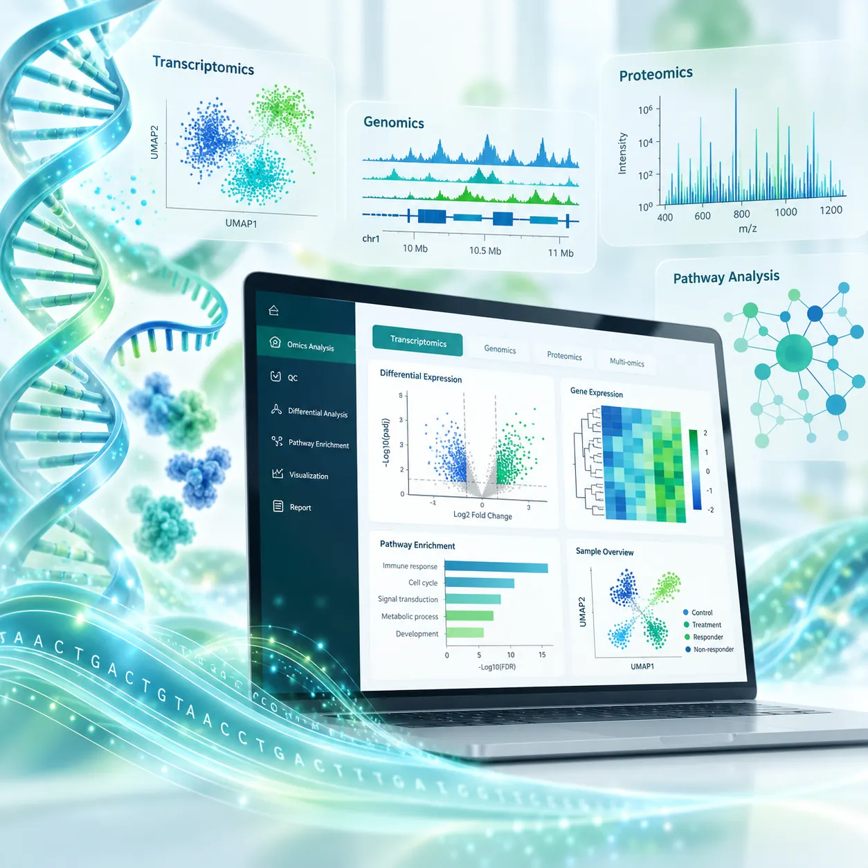 Conceptual illustration of DNA sequencing and omics analysis dashboards