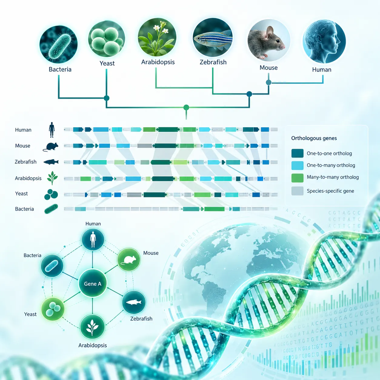 Conceptual illustration of cross-species genomics and gene relationships